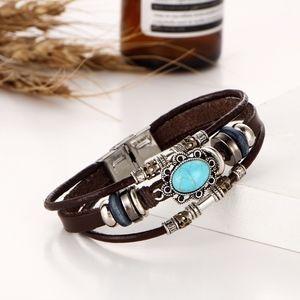 Vintage Boho Turquoise Oval & Leather Wrap Bracele